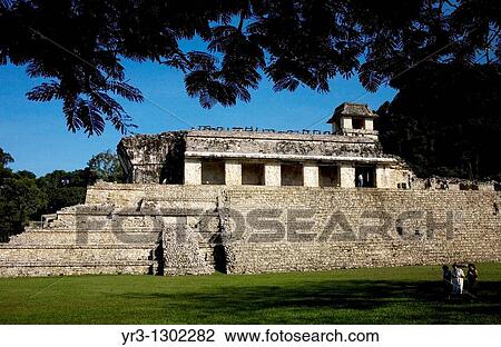 Stock Image - The Palace in the ancient Mayan city of Palenque, Chiapas, Mexico, February 21, 2010. Fotosearch