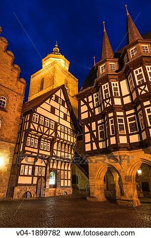 The picturesque city hall and Walpurgiskiche Walpurgis Church in Alsfeld on the German Fairy Tale Route at night, Hesse, Germany, Europe View Large Photo Image Stock Image - The picturesque city hall and Walpurgiskiche Walpurgis Church in Alsfeld on the German Fairy Tale Route at night, Hesse, Germany, Europe. Fotosearch