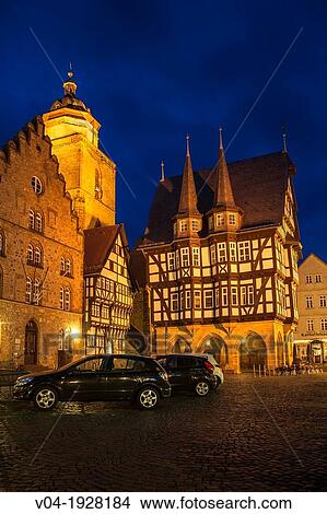 The picturesque city hall and Wine House in Alsfeld on the German Fairy Tale Route at night, Hesse, Germany, Europe View Large Photo Image Picture - The picturesque city hall and Wine House in Alsfeld on the German Fairy Tale Route at night, Hesse, Germany, Europe. Fotosearch