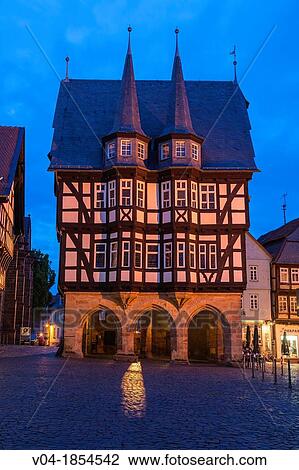 The picturesque city hall in Alsfeld on the German Fairy Tale Route at night, Hesse, Germany, Europe View Large Photo Image Stock Image - The picturesque city hall in Alsfeld on the German Fairy Tale Route at night, Hesse, Germany, Europe. Fotosearch