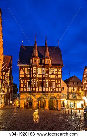 The picturesque city hall in Alsfeld on the German Fairy Tale Route at night, Hesse, Germany, Europe View Large Photo Image Stock Image - The picturesque city hall in Alsfeld on the German Fairy Tale Route at night, Hesse, Germany, Europe. Fotosearch