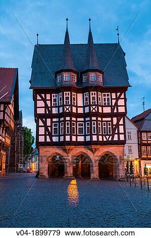 The picturesque city hall in Alsfeld on the German Fairy Tale Route at night, Hesse, Germany, Europe View Large Photo Image Stock Photo - The picturesque city hall in Alsfeld on the German Fairy Tale Route at night, Hesse, Germany, Europe. Fotosearch