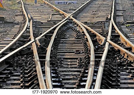 Stock Image - The railway track merging, Set of Points on a Railway Train Track, Pune, Maharashtra, India. Fotosearch