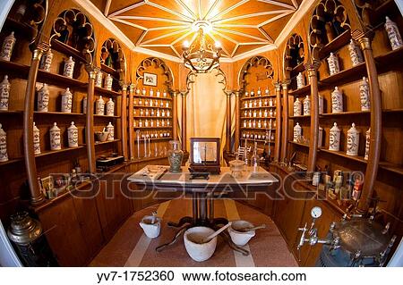 Stock Image - The real? Botica? of the people, was transferred in its original form to the Museum of Popular Arts and Traditions Juan Fernandez Cruz Zuheros, Cordoba, Andalucia, Spain. Fotosearch