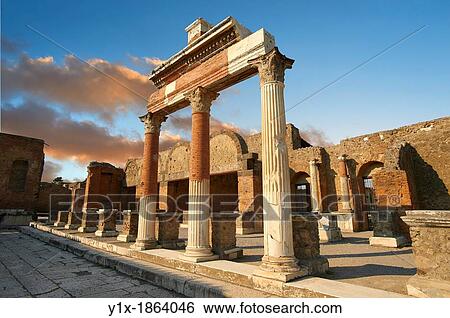 The Roman Corinthian Porticus, columns & tables of the money changers at the entrance of the Macellum in the Forum of Pompeii archaeological site, Italy View Large Photo Image Stock Photograph - The Roman Corinthian Porticus, columns & tables of the money changers at the entrance of the Macellum in the Forum of Pompeii archaeological site, Italy. Fotosearch