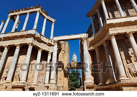 The Roman theatre built in the first century BC. Colonnade behind the stage. Mrida, Badajoz Province, Spain. View Large Photo Image Stock Image - The Roman theatre built in the first century BC. Colonnade behind the stage. Mrida, Badajoz Province, Spain.. Fotosearch