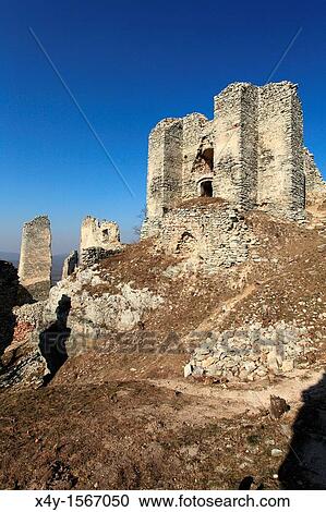 Stock Image - The ruins of medieval castle Gymes in Tribec mountains, located near the village Kostolany pod Tribecom, Slovakia. Fotosearch