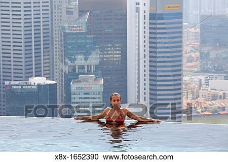Stock Image - The swimming pool on the top of Marina Bay Sand Hotel, Singapore. Fotosearch