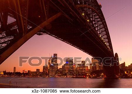 Stock Photography - The Sydney skyline at sunset framed by the Harbour Bridge from North Sydney. Fotosearch