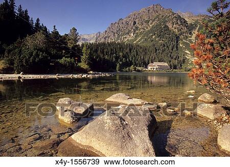 Stock Photo - The tarn? Popradske pleso? with the hotel on it's shore, Mengusovska dolina, High Tatras, Slovakia. Fotosearch
