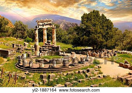 The Tholos at the sanctuary of Athena Pronaia, a circular building with Doric columns that was constructed between 380 and 360 BC Delphi, archaeological site, Greece, View Large Photo Image Picture - The Tholos at the sanctuary of Athena Pronaia, a circular building with Doric columns that was constructed between 380 and 360 BC Delphi, archaeological site, Greece,. Fotosearch