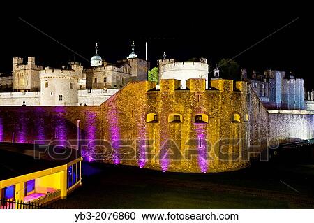 Stock Image - The Tower of London at Night, London, England.. Fotosearch