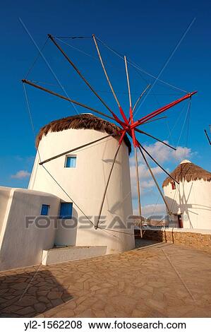 Stock Photo - The traditional Greek windmills of Mykonos Chora Cyclades Islands, Greece. Fotosearch