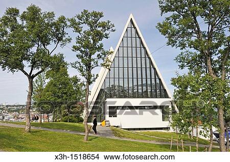 Picture - the Tromsdalen Church known as The Arctic Cathedral Tromso County of Troms, Norway, Northern Europe. Fotosearch