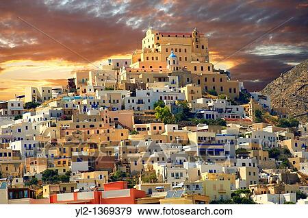 The Venitian City qurter of Ano Syros topped by the Catholic basilica of San Giorgio, Syros S, Greek Cyclades Islands View Large Photo Image Stock Photo - The Venitian City qurter of Ano Syros topped by the Catholic basilica of San Giorgio, Syros S, Greek Cyclades Islands. Fotosearch