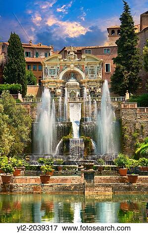 The water jets of the Organ fountain, 1566, housing organ pipies driven by air from the fountains. Villa d'Este, Tivoli, Italy - Unesco World Heritage Site. View Large Photo Image Stock Photo - The water jets of the Organ fountain, 1566, housing organ pipies driven by air from the fountains. Villa d'Este, Tivoli, Italy - Unesco World Heritage Site.. Fotosearch