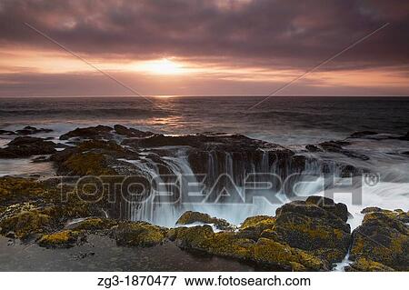 Thor's Well at Sunset, Cooks Chasm, Cape Perpetua, Oregon, USA View Large Photo Image Stock Photo - Thor's Well at Sunset, Cooks Chasm, Cape Perpetua, Oregon, USA. Fotosearch
