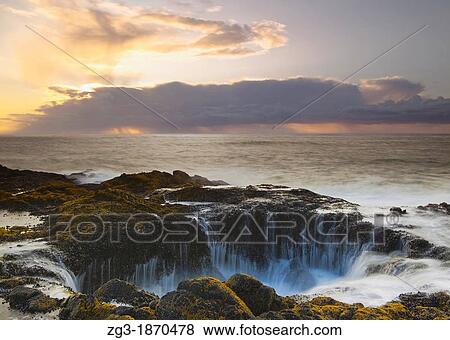 Thor's Well at Sunset, Cooks Chasm, Cape Perpetua, Oregon, USA View Large Photo Image Stock Photo - Thor's Well at Sunset, Cooks Chasm, Cape Perpetua, Oregon, USA. Fotosearch
