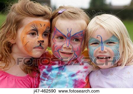 Three 3 year old girls, with their faces painted outside View Large Photo Image Stock Image - Three 3 year old girls, with their faces painted outside. Fotosearch