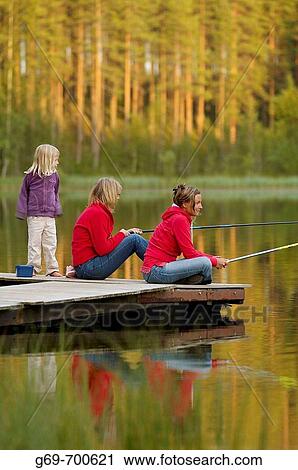 Stock Image - Three persons on a jetty, two are fishing, Vasterbotten, Sweden (July 2005). Fotosearch