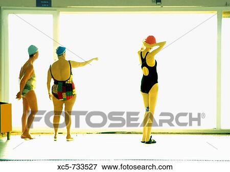 Three women by swimming pool View Large Photo Image Stock Photo - Three women by swimming pool. Fotosearch