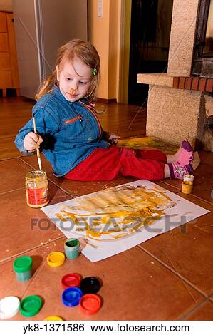 Three Year Old Girl Painting View Large Photo Image Stock Photograph - Three Year Old Girl Painting. Fotosearch