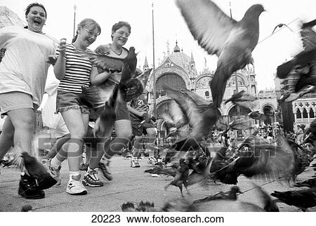 three young caucasian girls giggle with glee hand in hand as they run through a cloud of disturbed pigeons in front of St. Mark's Square, Venice, Italy View Large Photo Image Stock Image - three young caucasian girls giggle with glee hand in hand as they run through a cloud of disturbed pigeons in front of St. Mark's Square, Venice, Italy. Fotosearch