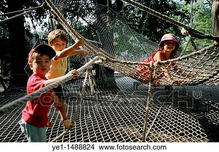 Three young children playing on a climbing net in a public park. View Large Photo Image Picture - Three young children playing on a climbing net in a public park.. Fotosearch