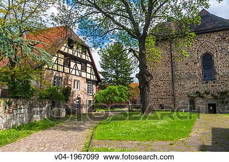 Timbered house and the medieval monastery of Lippoldsberg, Hesse, Germany, Europe View Large Photo Image Stock Photo - Timbered house and the medieval monastery of Lippoldsberg, Hesse, Germany, Europe. Fotosearch