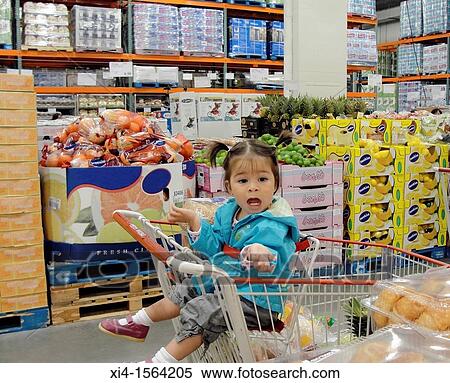 Toddler seated in super market shopping cart. She is looking at a stack of products with inquisitive expression. Wholesale warehouse in Vancouver Downtown. Canada. View Large Photo Image Stock Photography - Toddler seated in super market shopping cart. She is looking at a stack of products with inquisitive expression. Wholesale warehouse in Vancouver Downtown. Canada.. Fotosearch
