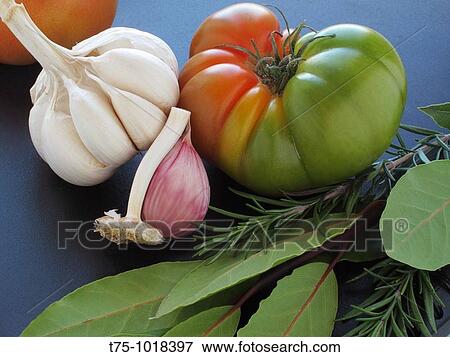 Tomato, garlic, bay leaves and rosemary View Large Photo Image Stock Photo - Tomato, garlic, bay leaves and rosemary. Fotosearch