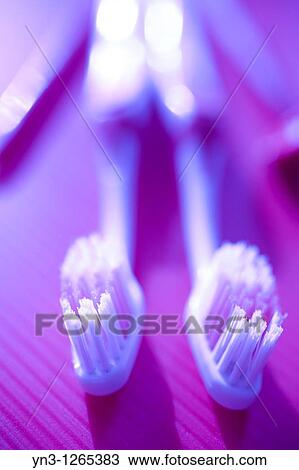 Stock Image - toothbrushes on purple background. Fotosearch