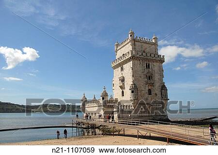 Stock Photo - Torre de Belem. South view. Rennaissance style archways. Built in the 16th century in order to defend the Tagus river mouth. Belem, Lisbon, Portugal. Fotosearch