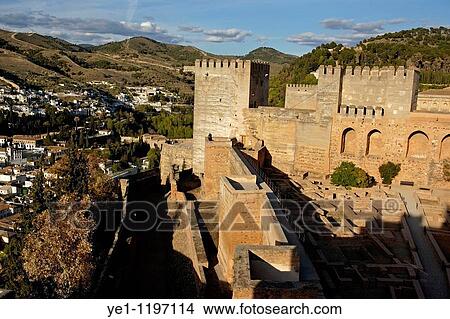 Torre de la Vela watchtower at Alhambra, a 14th-century palace, overlooking the city of Albayzin, Granada, Andalusia, Spain. View Large Photo Image Picture - Torre de la Vela watchtower at Alhambra, a 14th-century palace, overlooking the city of Albayzin, Granada, Andalusia, Spain.. Fotosearch