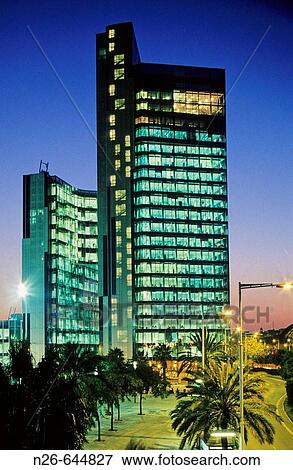 Stock Photo - Torre Mare Nostrum, head office of Gas Natural (Spanish gas company), by Enric Miralles and Benedetta Tagliabue, Barcelona. Catalonia, Spain. Fotosearch
