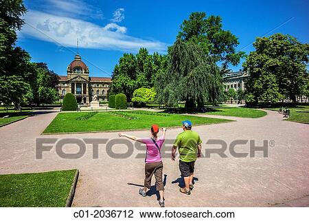 Stock Image - Tourists and Palais du Rhin Palace of the Rhine Strasbourg Alsace France.. Fotosearch