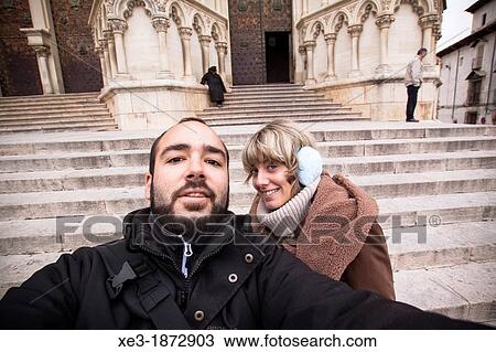 Stock Image - Tourists in front of the cathedral, Old town, Cuenca, Castile-La Mancha, Spain. Fotosearch