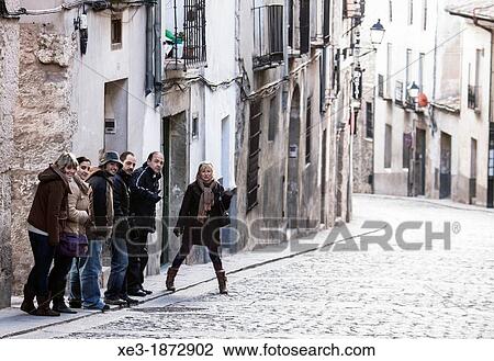 Stock Image - Tourists, Old town, Cuenca, Castile-La Mancha, Spain. Fotosearch