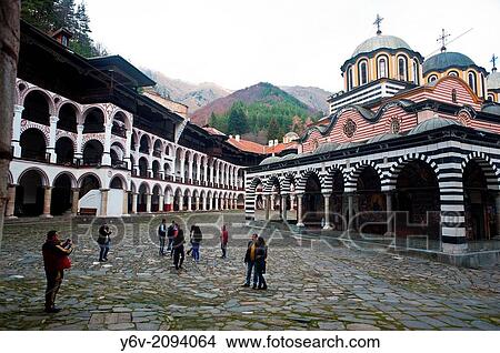 Picture - Tourists visiting the Rila monastery ( Bulgaria).. Fotosearch