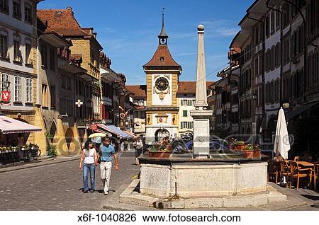 Town centre and medieval town gate Berntor, Tower of Berne, in the old town, Murten, Morat, Switzerland View Large Photo Image Stock Photograph - Town centre and medieval town gate Berntor, Tower of Berne, in the old town, Murten, Morat, Switzerland. Fotosearch