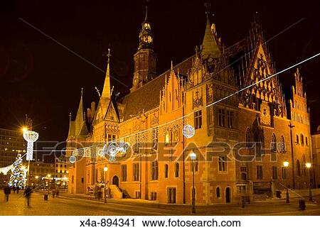 Stock Image - Town Hall and marketplace in Wroclaw, Poland Late Gothic with elements of Renaissance South and ast elevation. Fotosearch