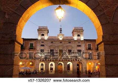 Town hall and Mercado Chico Square, night view.? vila, Castilla Le? n, Spain. View Large Photo Image Stock Photo - Town hall and Mercado Chico Square, night view.? vila, Castilla Le? n, Spain.. Fotosearch