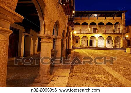 Stock Photograph - Town Hall, Main Square at Dusk, Sig? enza, Guadalajara province, Castilla-La Mancha, Spain. Fotosearch