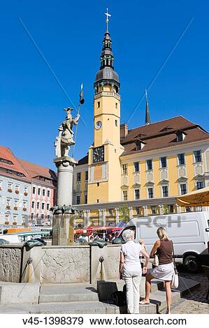 Town Hall, Rathaus, Radnica, and Market Fountain, Marktbrunnen, Hauptmarkt, Main Market, Bautzen, Budysin, Budysyn, Budziszyn, Dresden region, Eastern Saxony, Upper Lusatia, Germany. View Large Photo Image Stock Photo - Town Hall, Rathaus, Radnica, and Market Fountain, Marktbrunnen, Hauptmarkt, Main Market, Bautzen, Budysin, Budysyn, Budziszyn, Dresden region, Eastern Saxony, Upper Lusatia, Germany.. Fotosearch