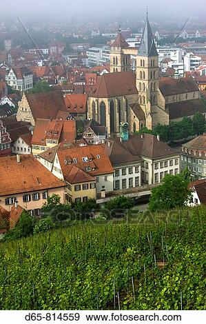 Stock Photo - Town view from vineyards, Esslingen am Neckar, Baden-Wurttemberg, Germany. Fotosearch