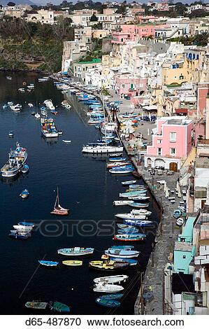 Town view of Corricella port. Procida. Bay of Naples. Campania. Italy. View Large Photo Image Stock Image - Town view of Corricella port. Procida. Bay of Naples. Campania. Italy.. Fotosearch