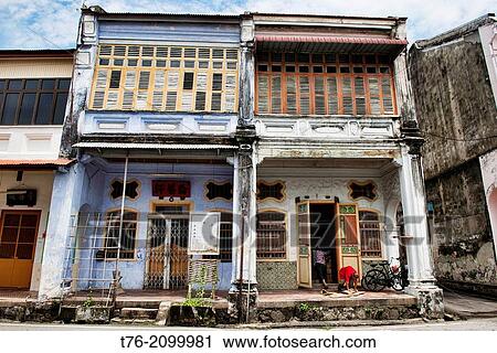 Stock Image - Traditional Chinese shop houses in the UNESCO World Heritage zone of Georgetown in Penang, Malaysia.. Fotosearch