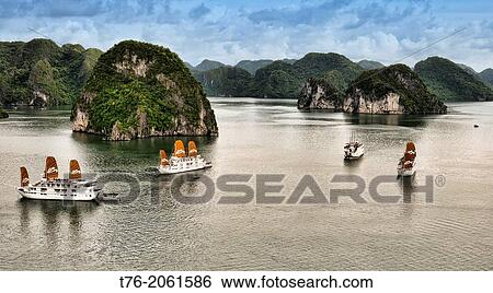 traditional junks sailing in Halong Bay, Vietnam. View Large Photo Image Stock Photograph - traditional junks sailing in Halong Bay, Vietnam.. Fotosearch