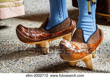 Stock Image - Traditional shoes or clogs or almadreas. Fiesta del Orujo (Orujo fair). Potes, Comarca de Li? bana, Cantabria, Spain.. Fotosearch