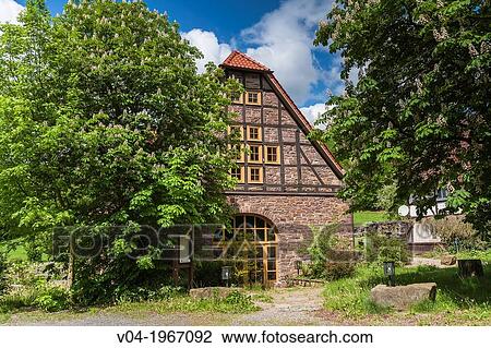 Stock Image - Traditional timbered house in Helmarshausen, a suburb of Bad Karlshafen, Hesse, Germany, Europe. Fotosearch